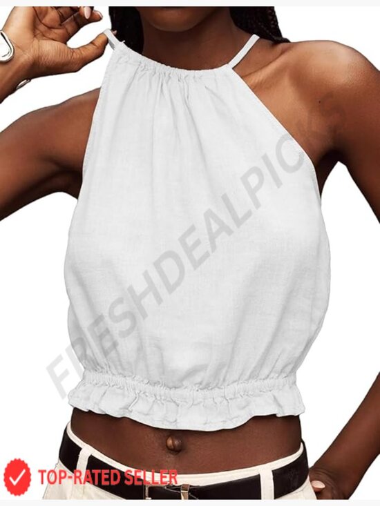 Tops - Crop Linen Halter Tank Top High Neck Sleeveless Summer Cute Y2K Chic Top